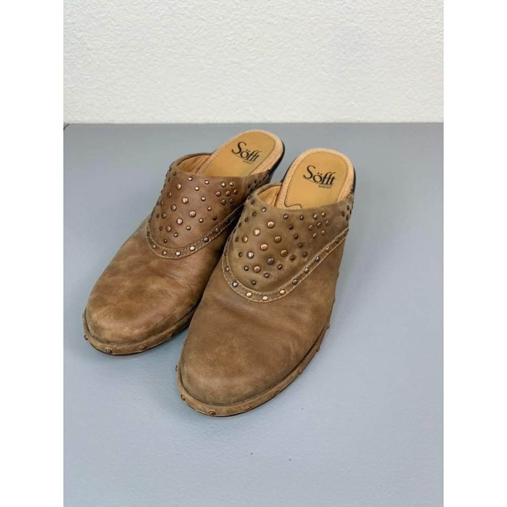 Sofft women's 7M‎ brown leather studded slip on mules clogs casual comfort shoes
